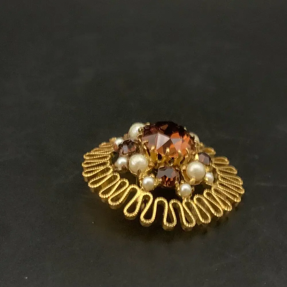 Vintage Austrian Crystal Brooch Pin Made In Austria Smokey Amber Brown Crystal